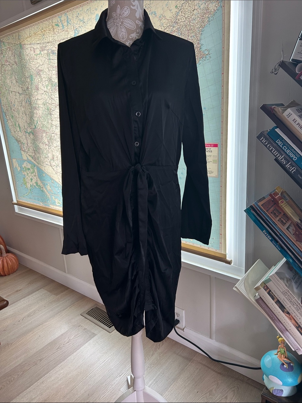 Source Unknown Black Long-Sleeve Tie-Waist Shirt Dress